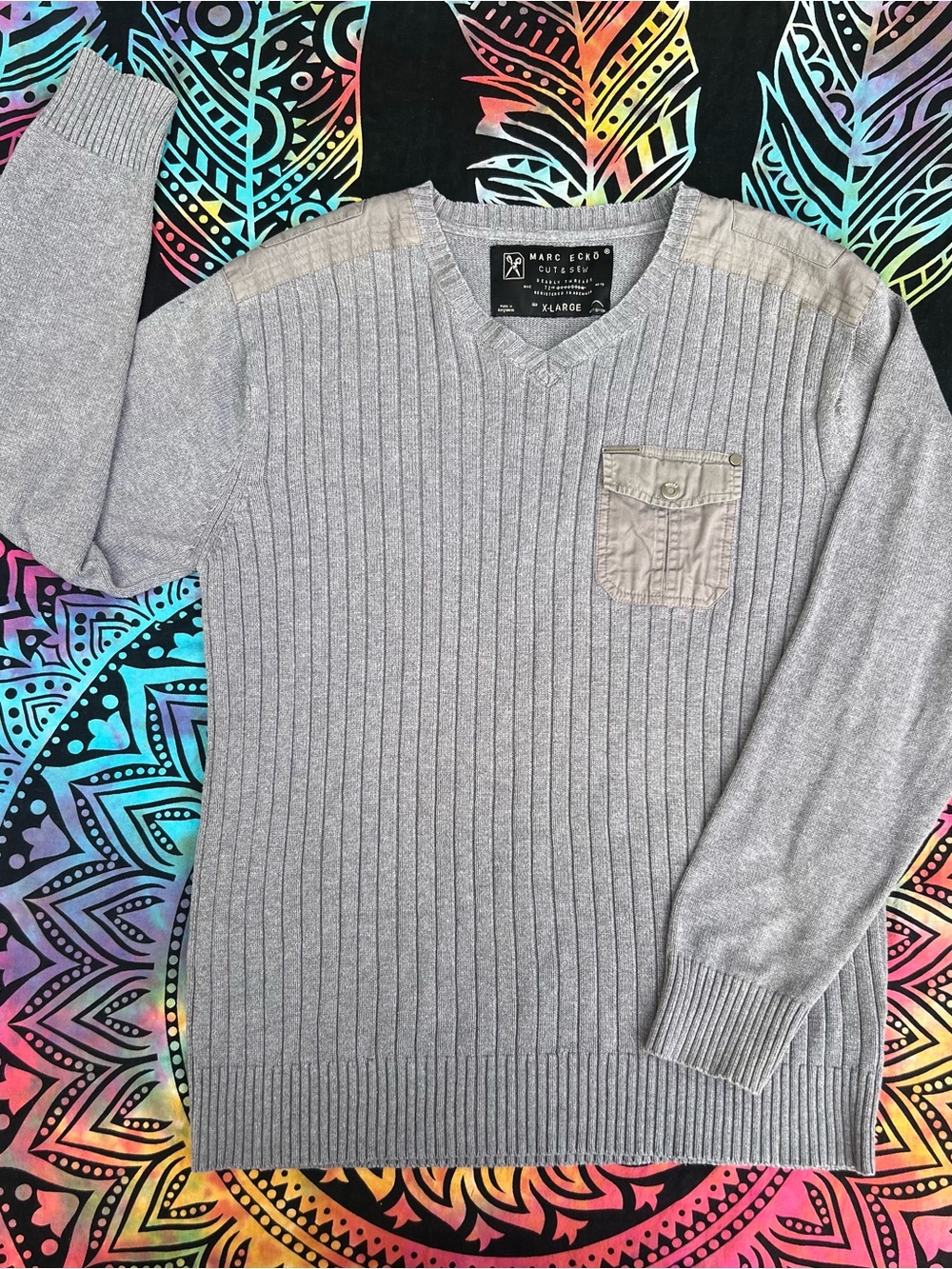 Marc Ecko Men’s Gray Ribbed V-Neck Sweater with Chest Pocket